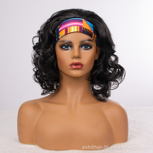 AISHILI hair wig short black wave culy bob synthetic wigs with headband for women